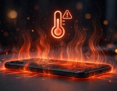 Android phone overheating with heat waves and thermometer warning