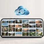 iPhone with iCloud photo sync symbol and gallery thumbnails