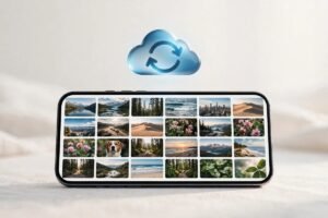 iPhone with iCloud photo sync symbol and gallery thumbnails