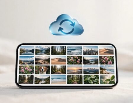 iPhone with iCloud photo sync symbol and gallery thumbnails